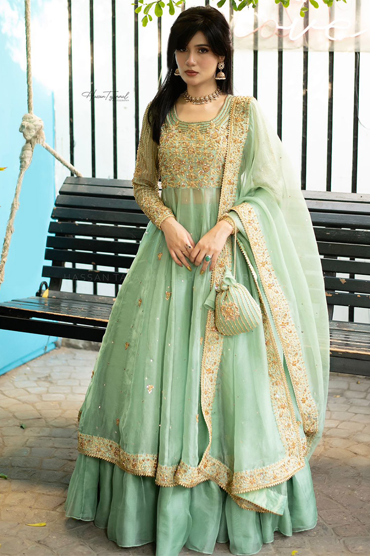 Pista Colour Combination Dresses Light Green Colour Frock Pista Green  Embroidered Georgette Stitched Free Size Full