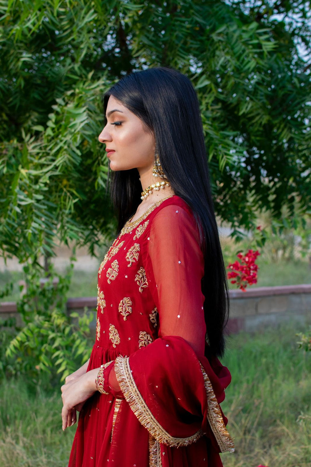 RED CHIFFON HANDWORKED DRESS