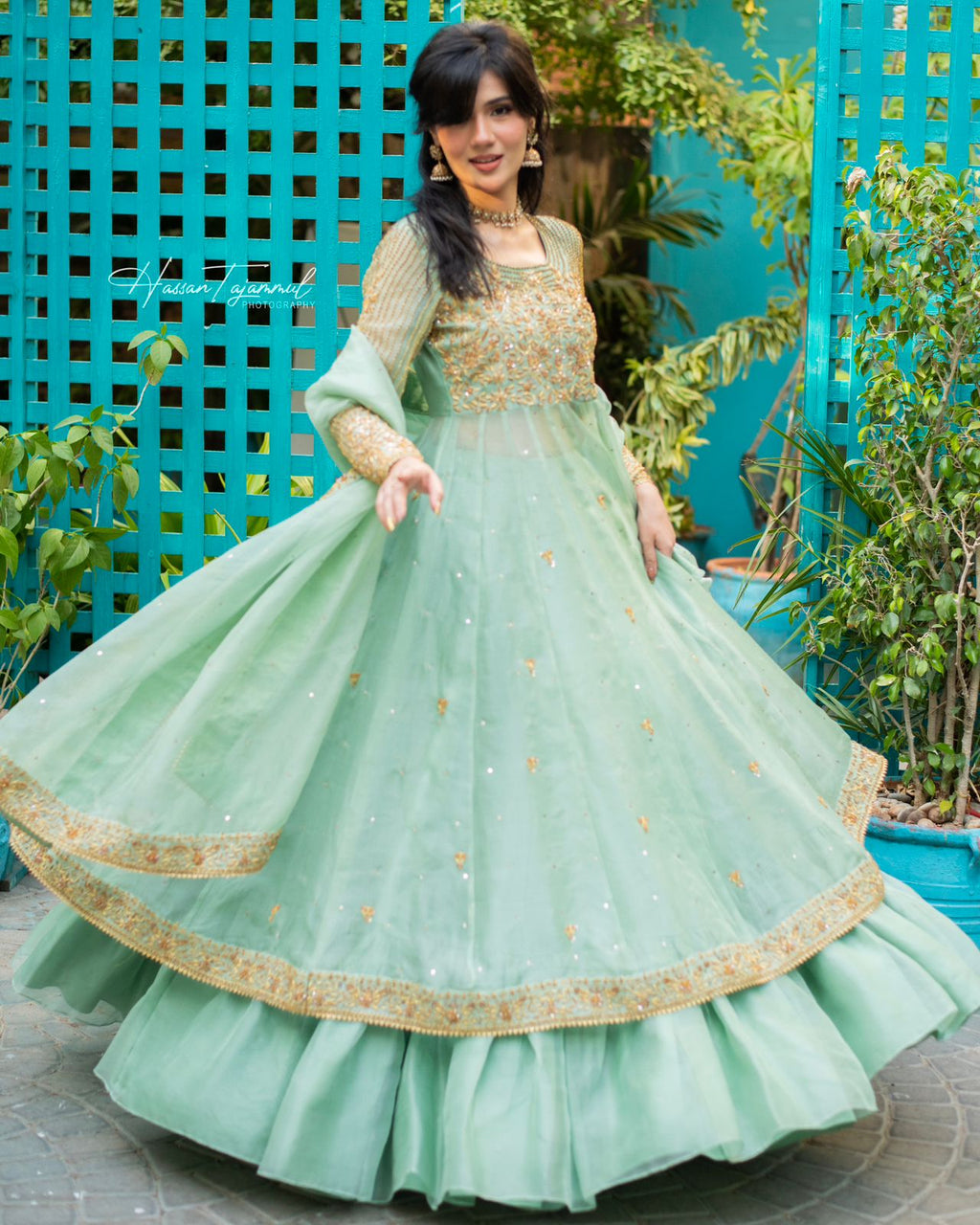 PISTA GREEN HANDWORKED DRESS