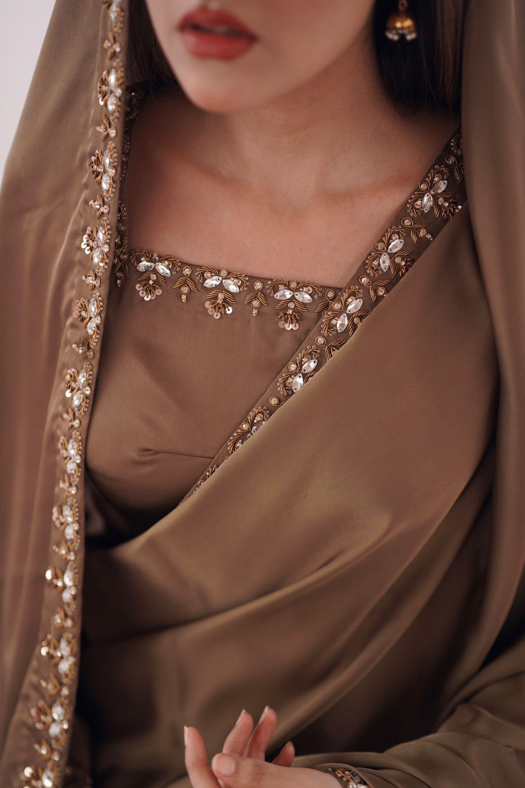 CHAMPAGNE SILK HANDWORKED SAREE