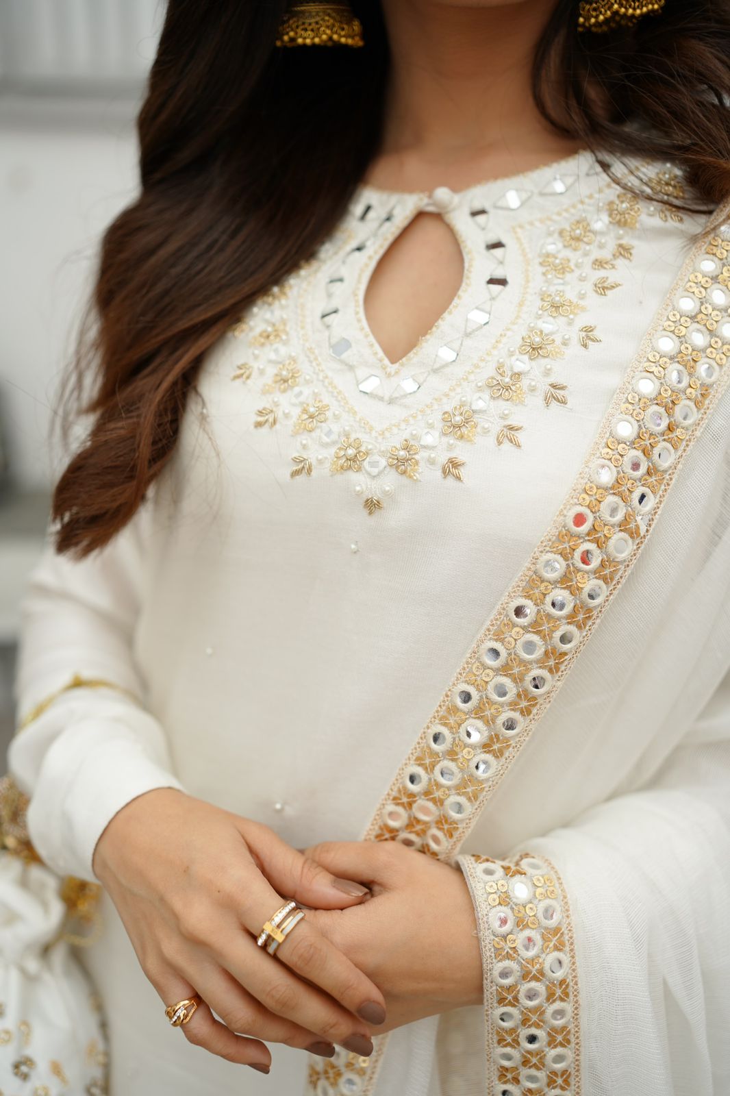 WHITE COTTON NET DHABKA  DRESS