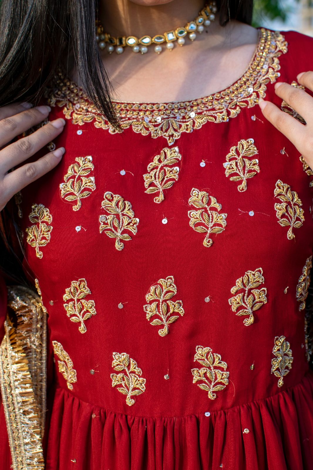 RED CHIFFON HANDWORKED DRESS