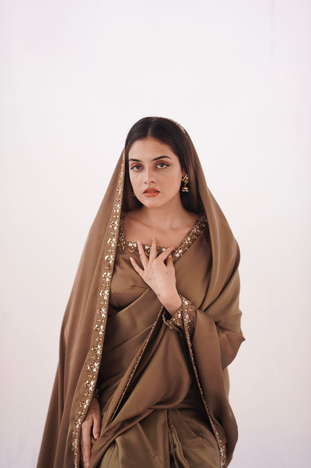 CHAMPAGNE SILK HANDWORKED SAREE