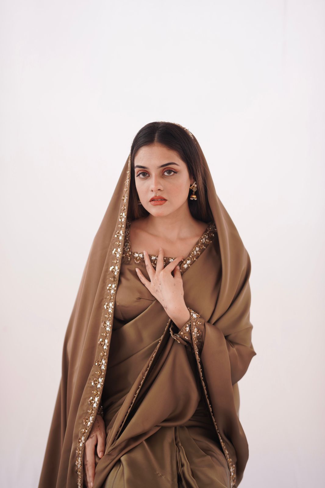 CHAMPAGNE SILK HANDWORKED SAREE
