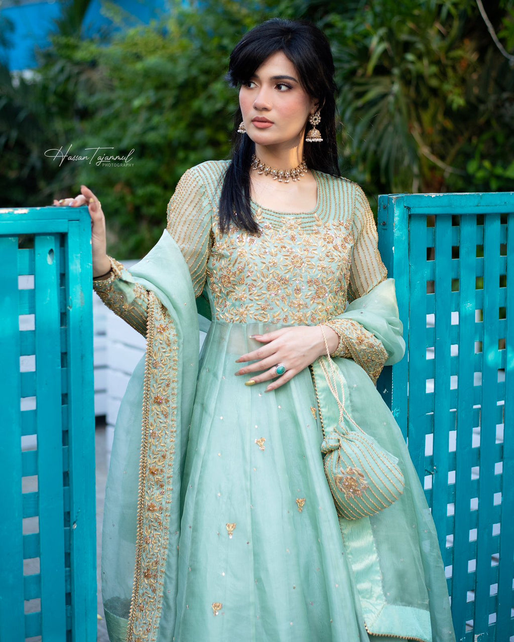 PISTA GREEN HANDWORKED DRESS