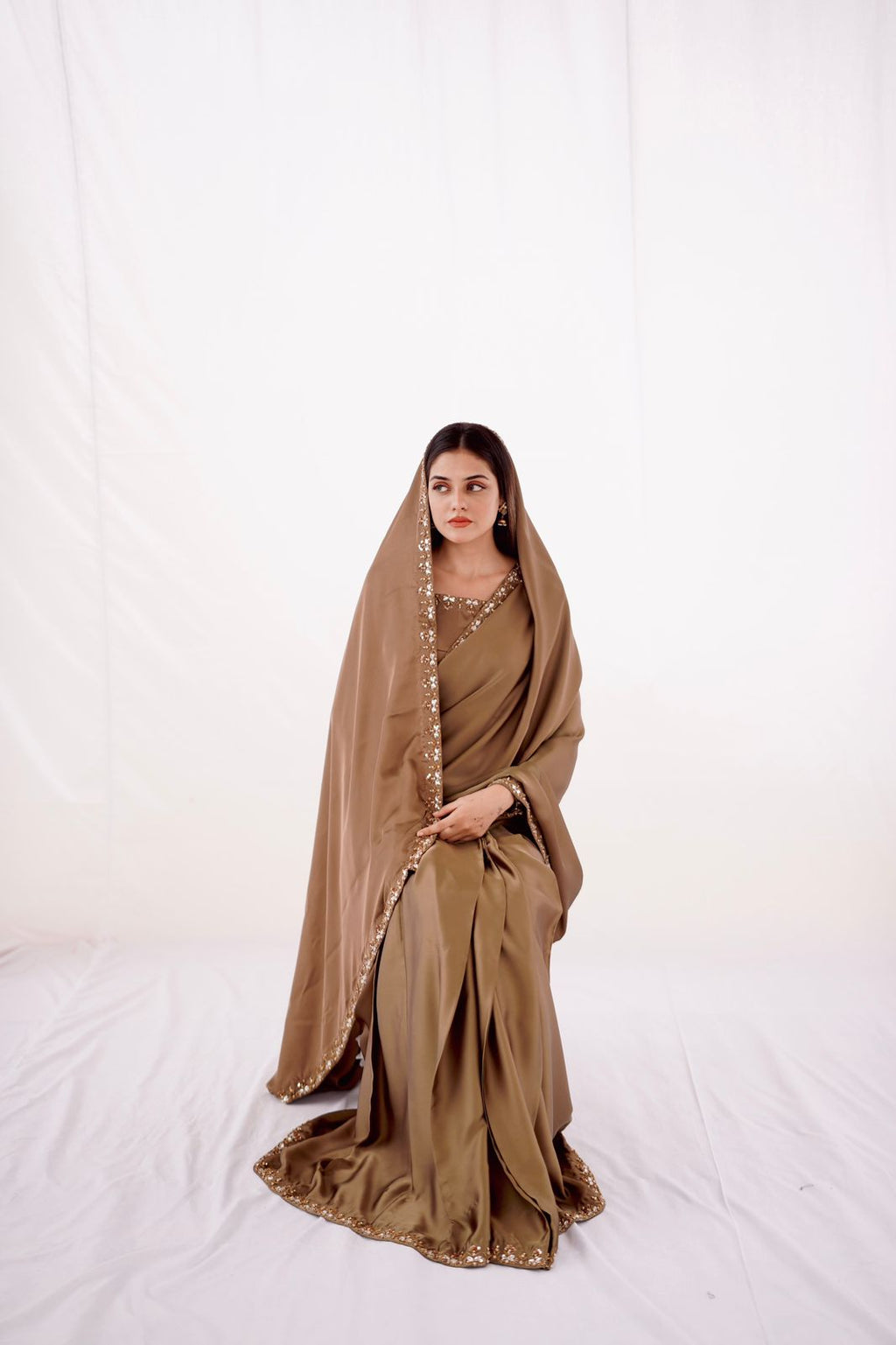 CHAMPAGNE SILK HANDWORKED SAREE