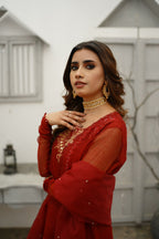 ANAARI RED KHADDI NET DRESS