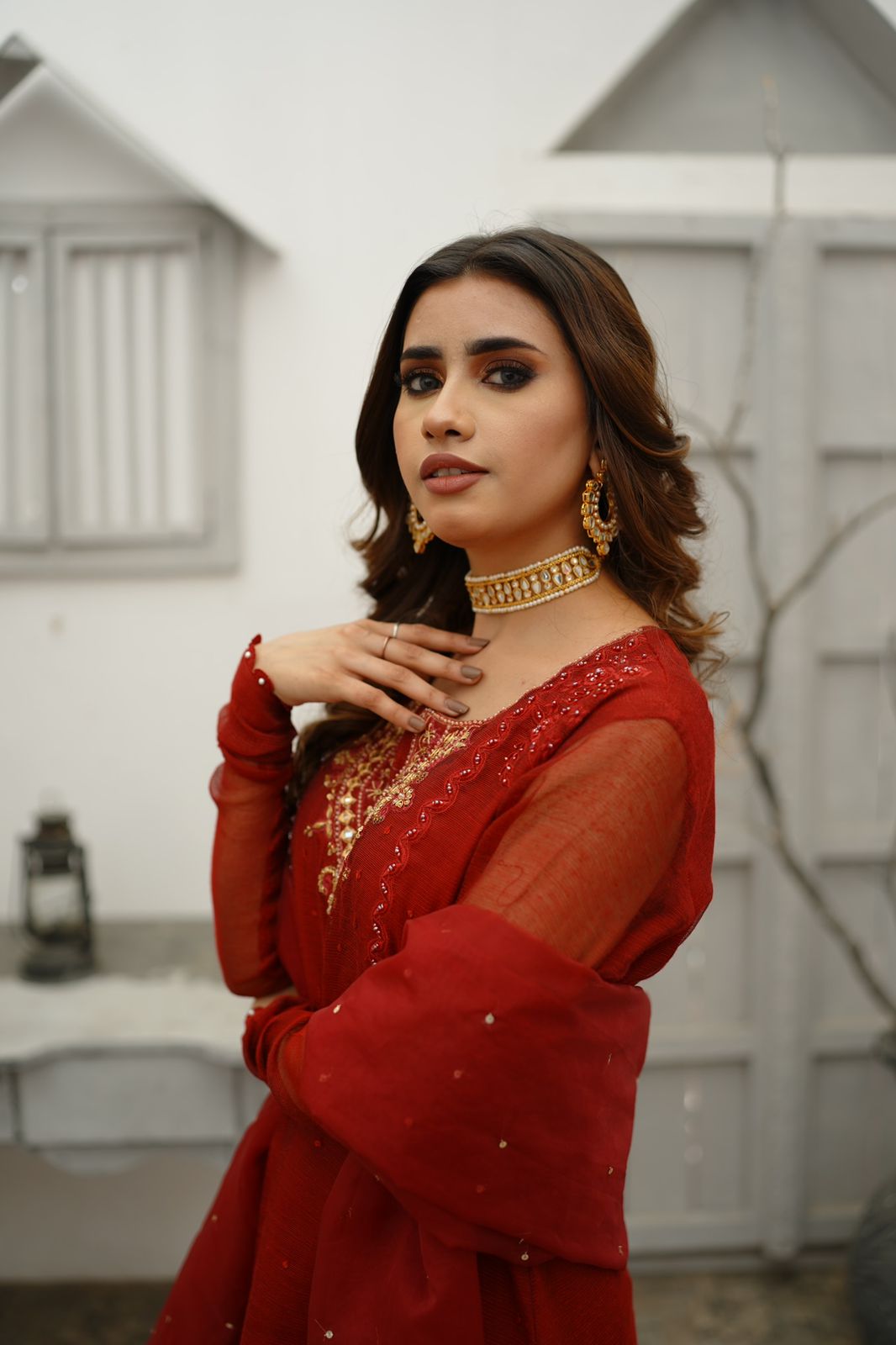 ANAARI RED KHADDI NET DRESS
