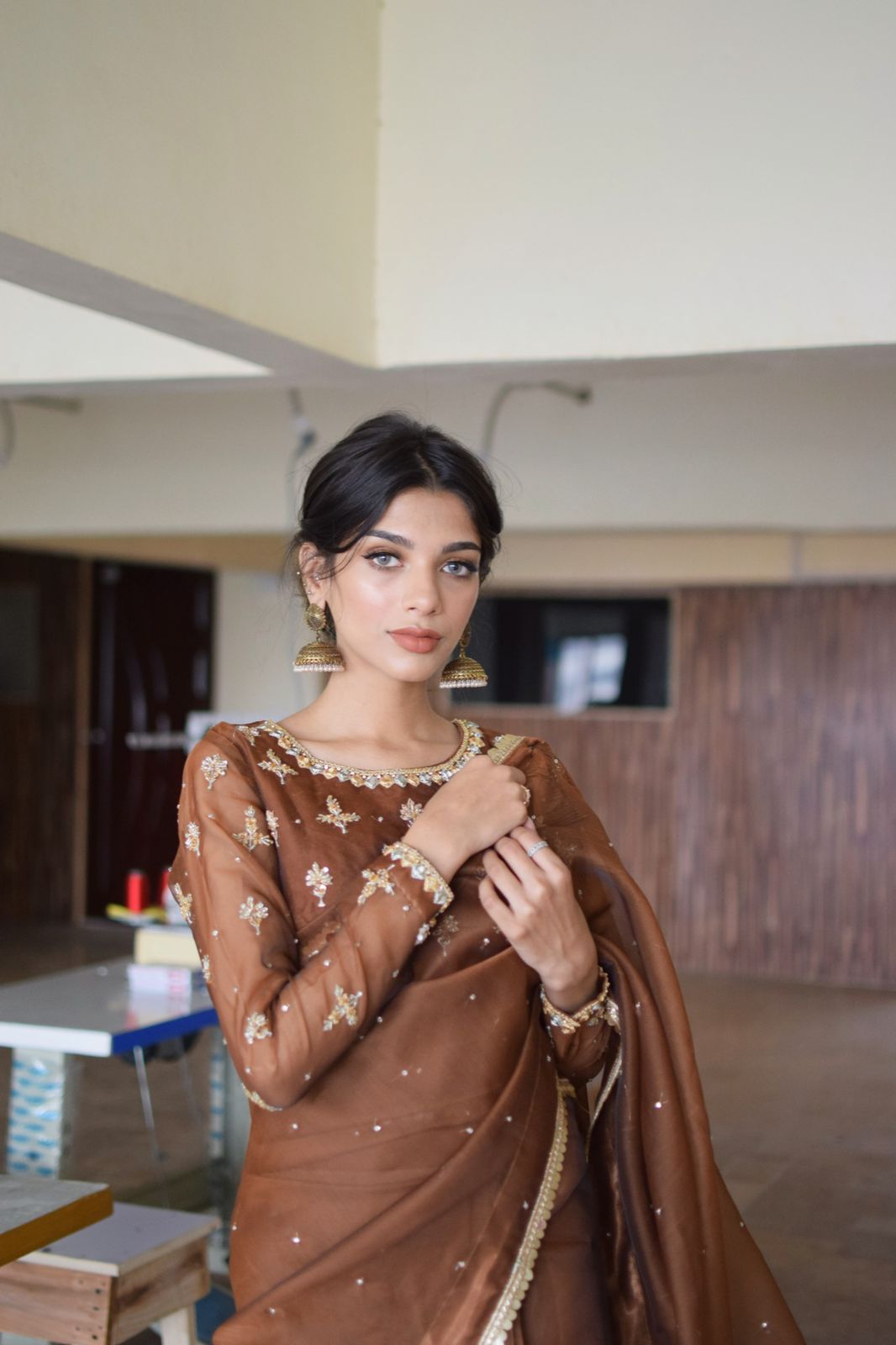 BROWN ORGANZA SAREE