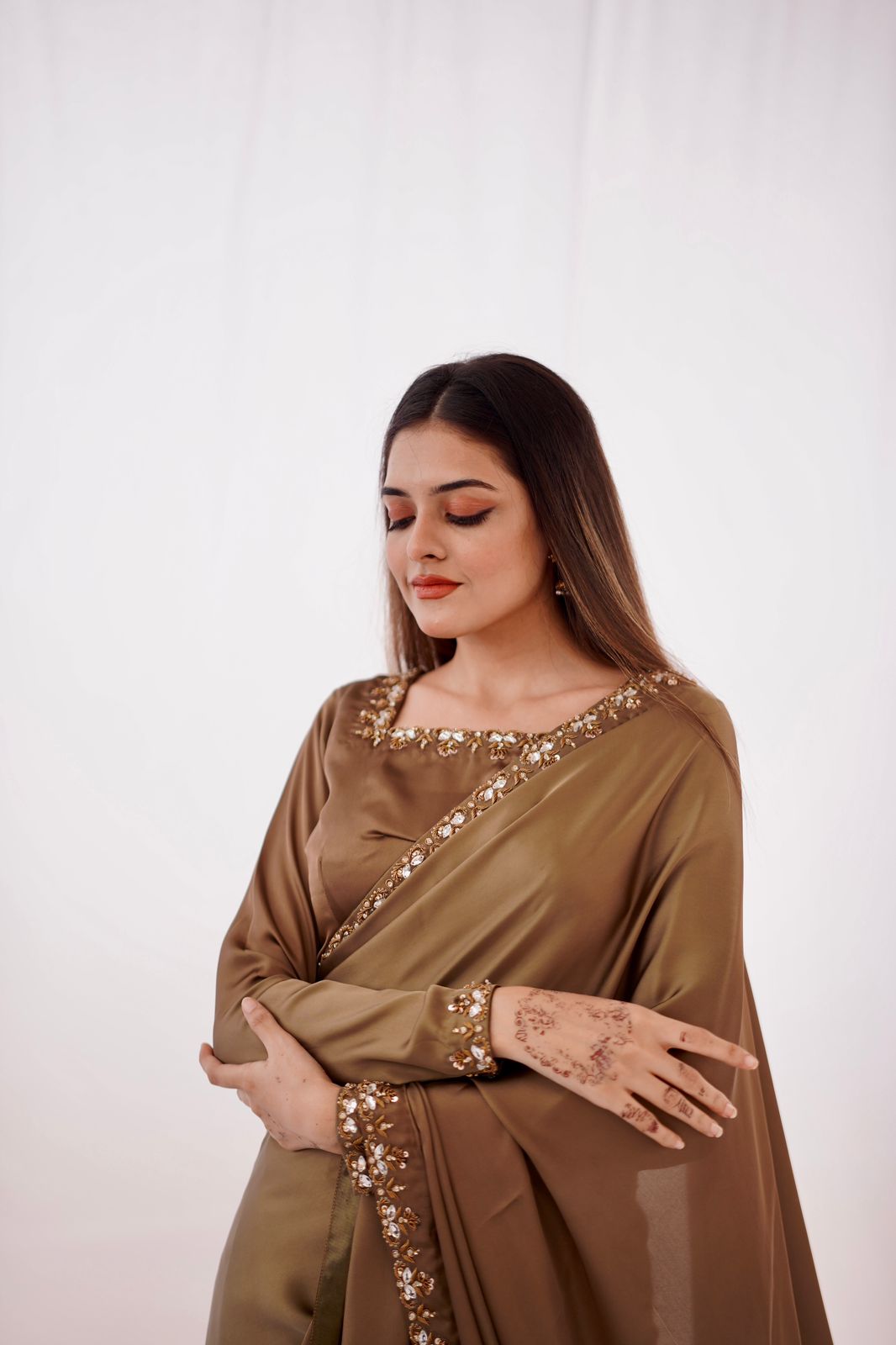 CHAMPAGNE SILK HANDWORKED SAREE