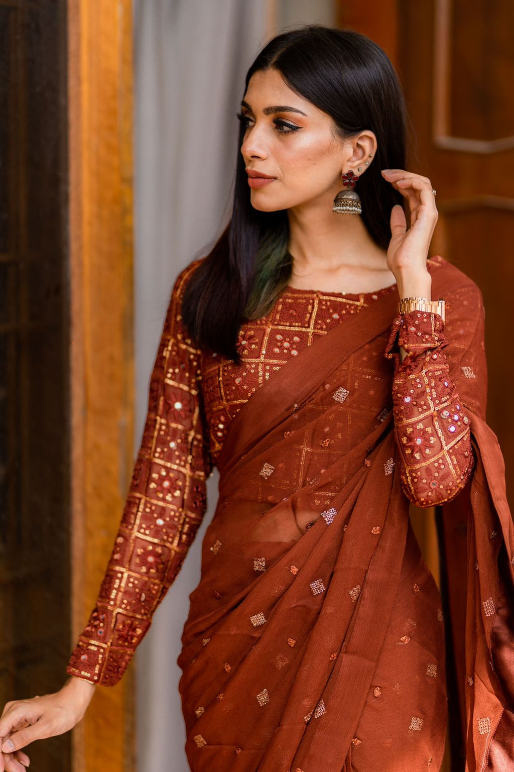 Terracotta Brown Chiken kari saree