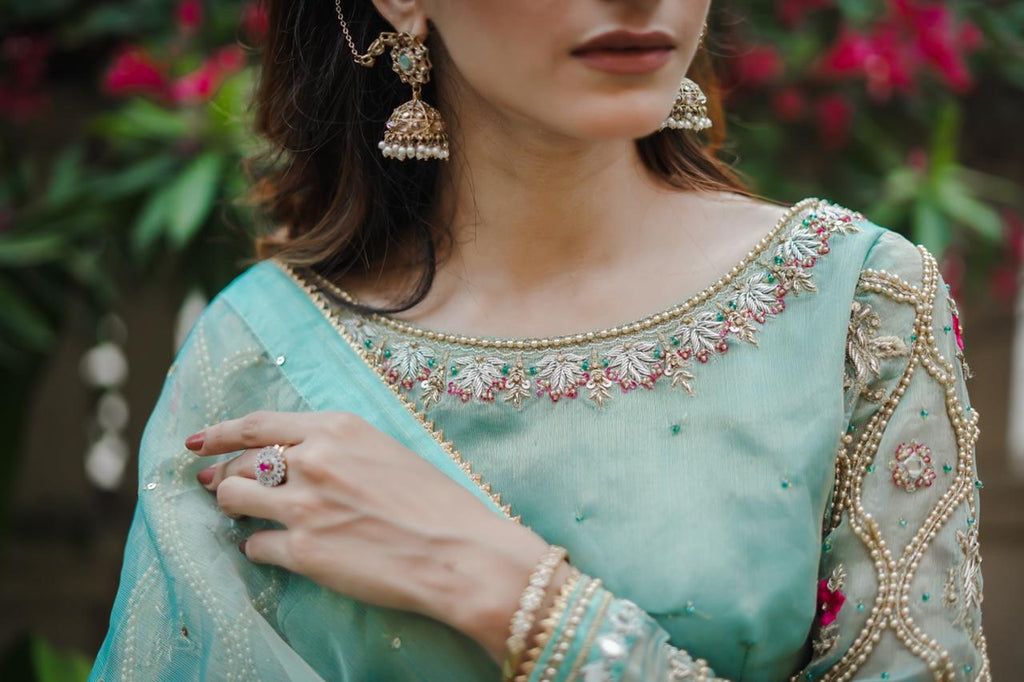 Organza mesuri sea green saree