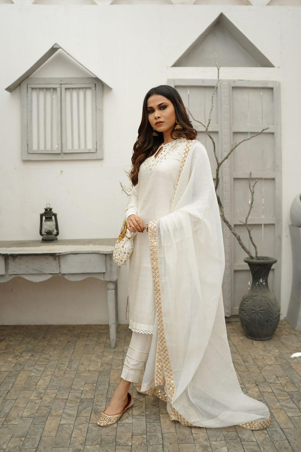 WHITE COTTON NET DHABKA  DRESS