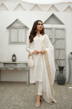 WHITE COTTON NET DHABKA  DRESS
