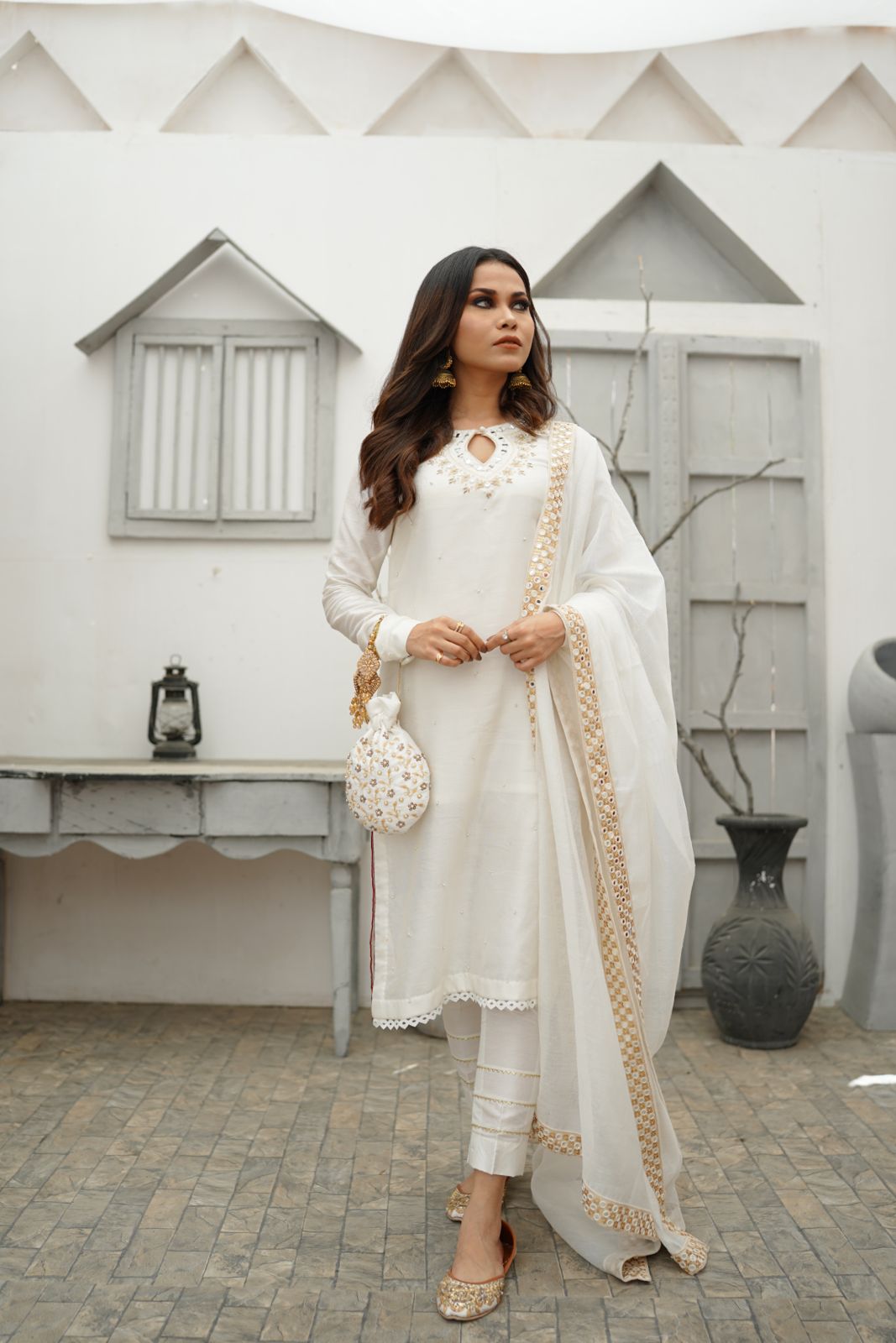 WHITE COTTON NET DHABKA  DRESS