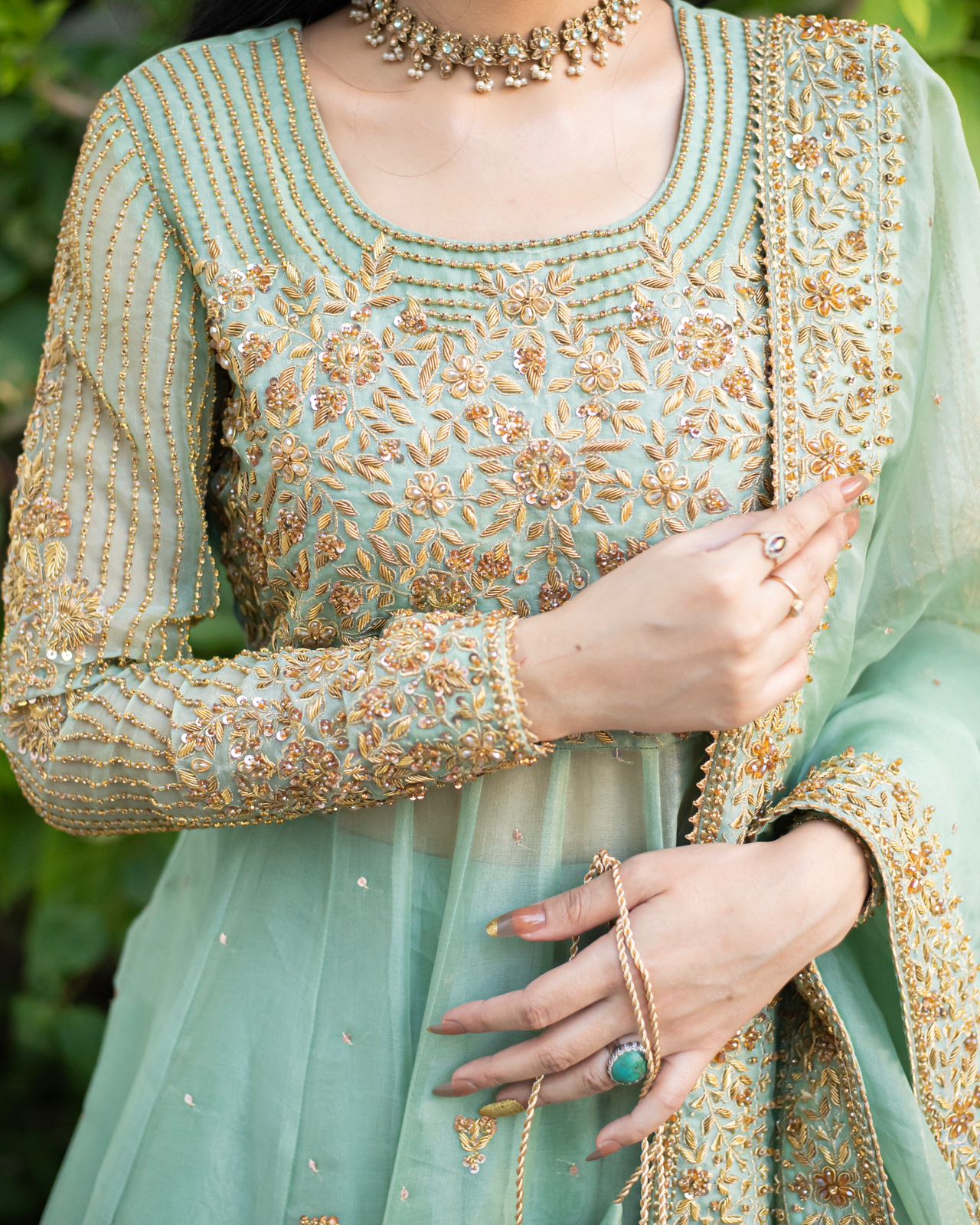 PISTA GREEN HANDWORKED DRESS