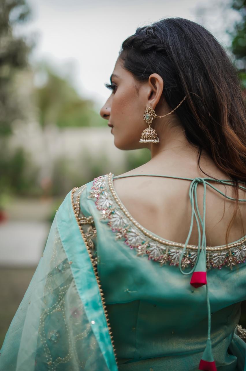 Organza mesuri sea green saree