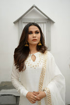 WHITE COTTON NET DHABKA  DRESS