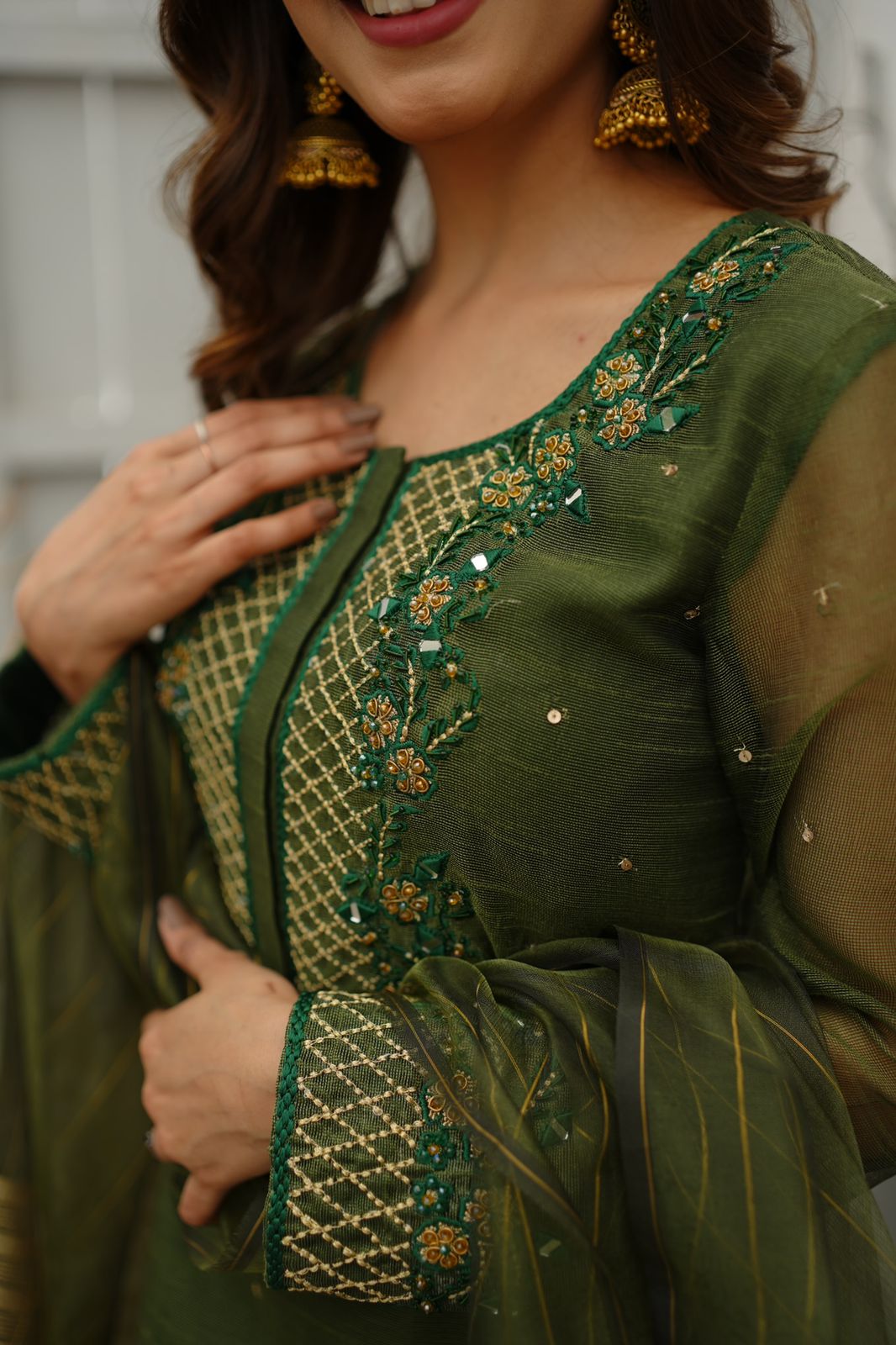 MEHANDI GREEN KHADDI NET DRESS