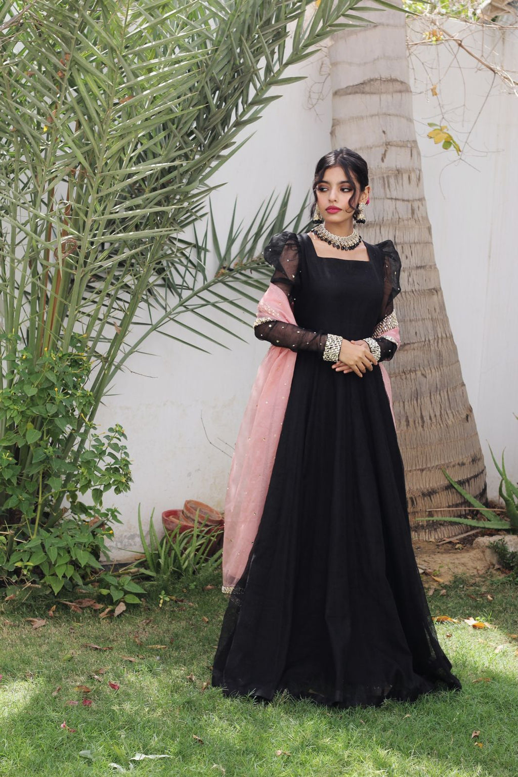 BLACK KHADDI NET PUFF SLEEVES  FROCK