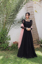 BLACK KHADDI NET PUFF SLEEVES  FROCK