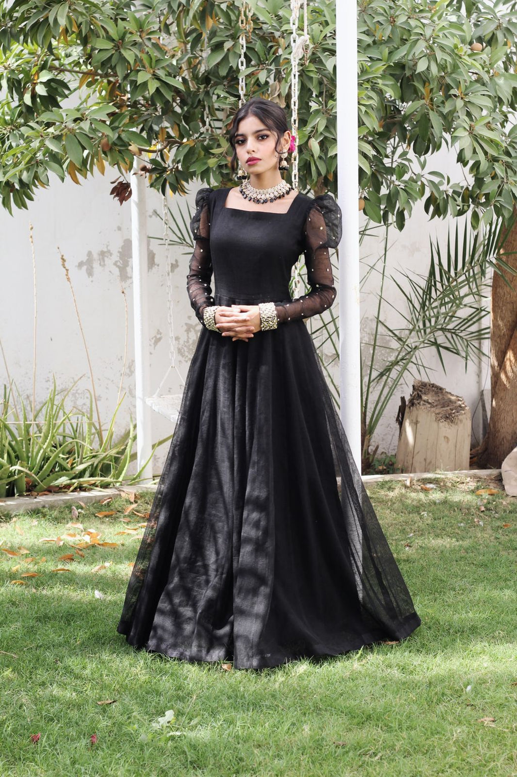 BLACK KHADDI NET PUFF SLEEVES  FROCK