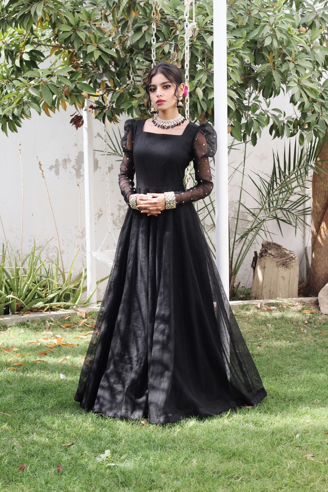 BLACK KHADDI NET PUFF SLEEVES  FROCK
