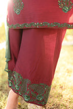 MAROON GREEN HANDWORKED DRESS
