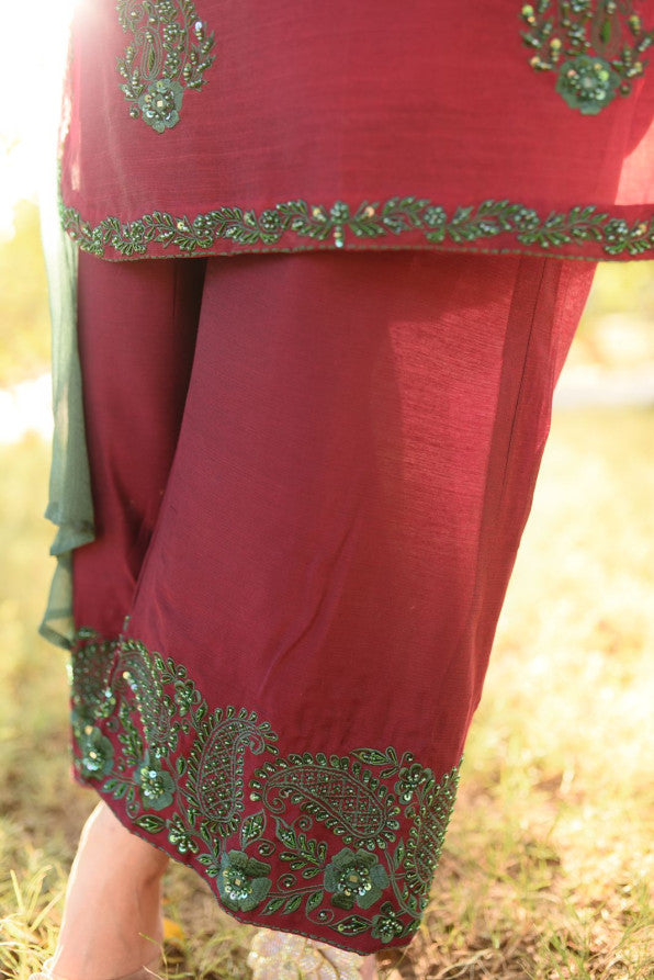 MAROON GREEN HANDWORKED DRESS