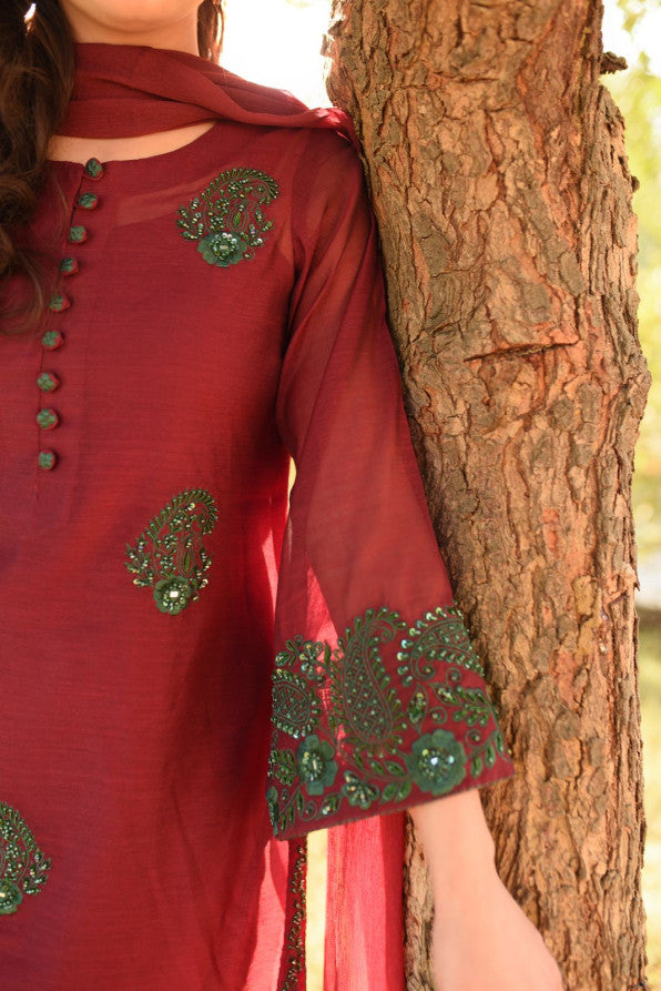 MAROON GREEN HANDWORKED DRESS