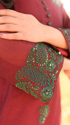 MAROON GREEN HANDWORKED DRESS