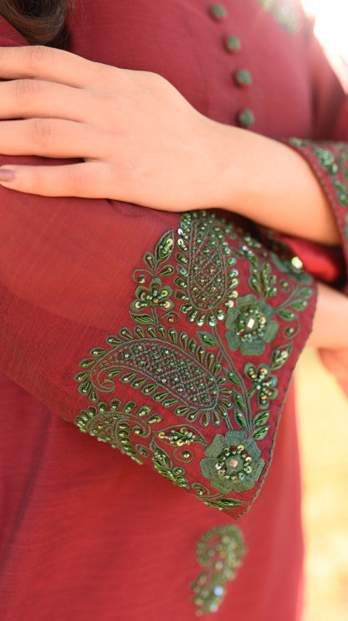 MAROON GREEN HANDWORKED DRESS