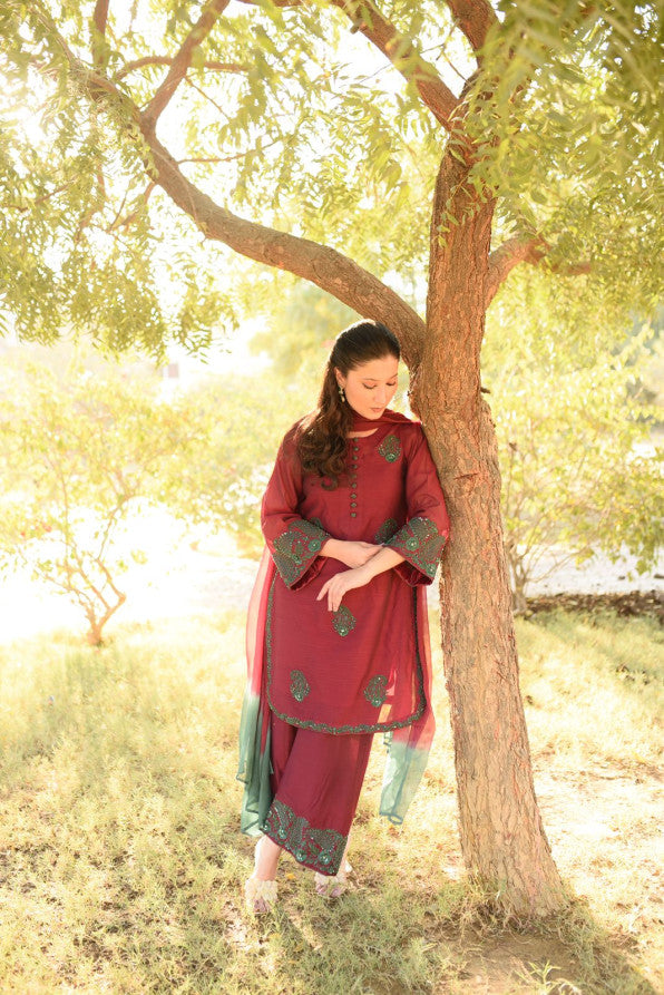 MAROON GREEN HANDWORKED DRESS