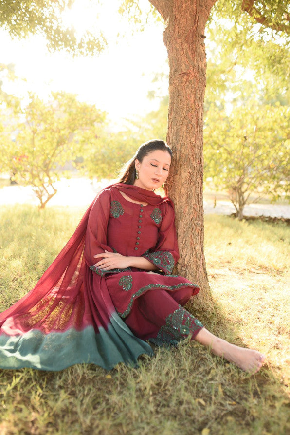 MAROON GREEN HANDWORKED DRESS