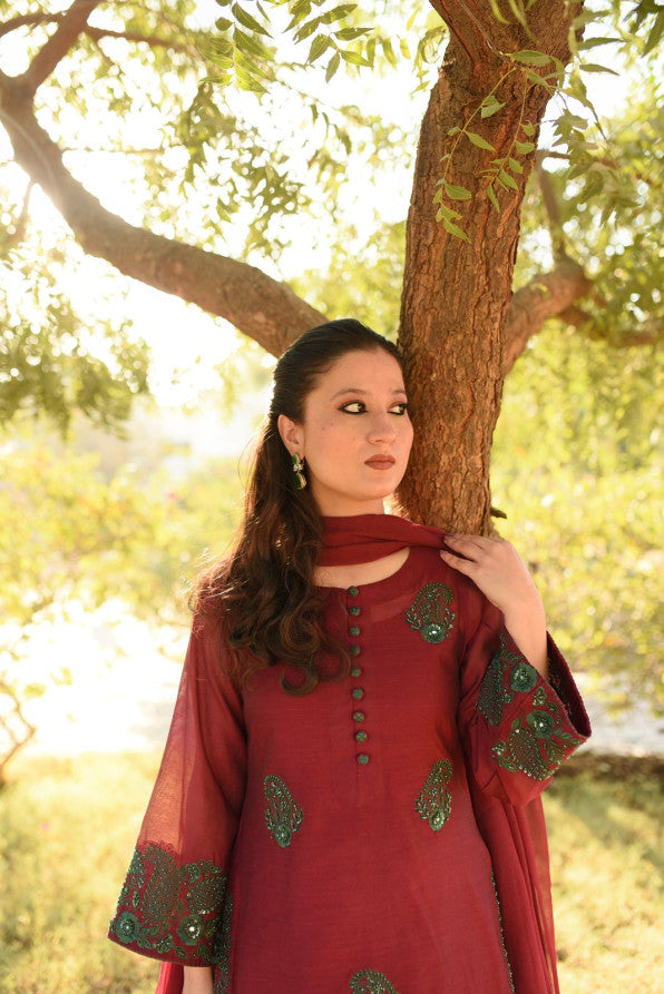 MAROON GREEN HANDWORKED DRESS
