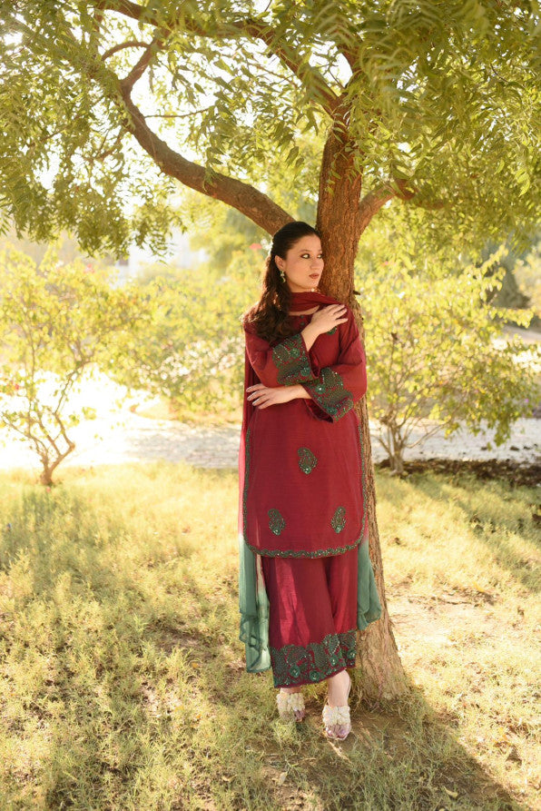 MAROON GREEN HANDWORKED DRESS