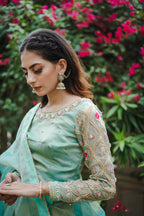 Organza mesuri sea green saree