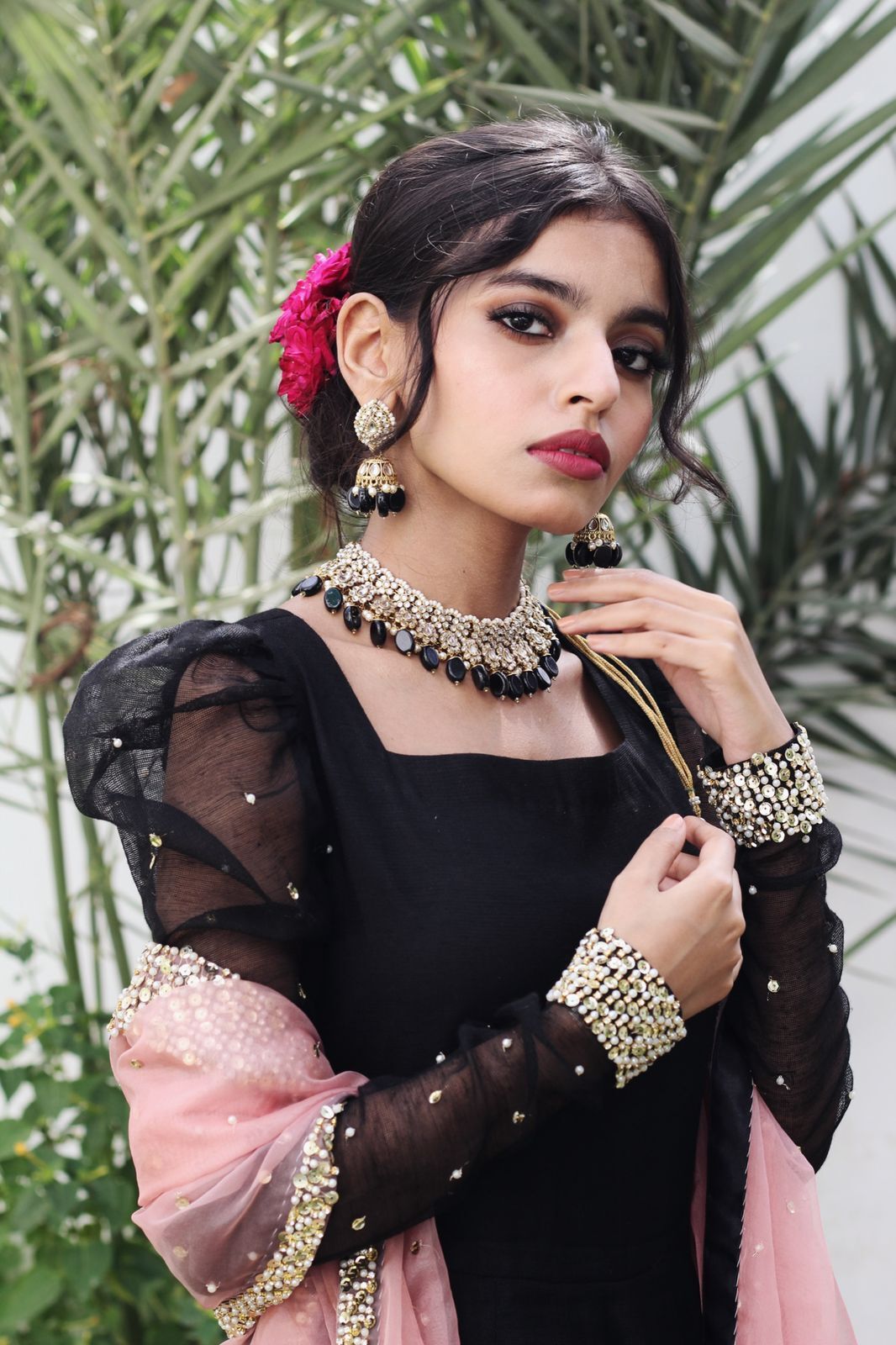 BLACK KHADDI NET PUFF SLEEVES  FROCK