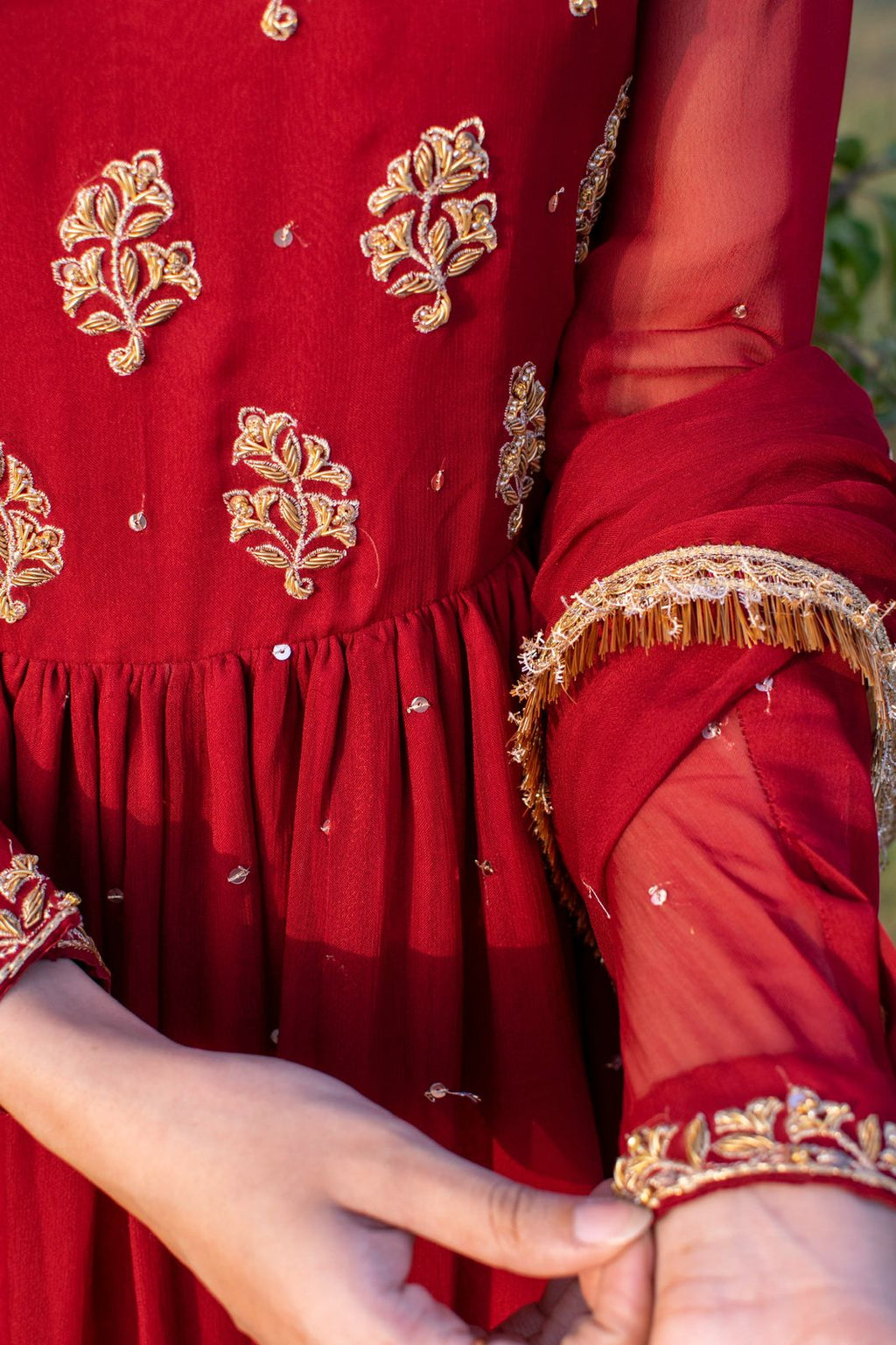 RED CHIFFON HANDWORKED DRESS