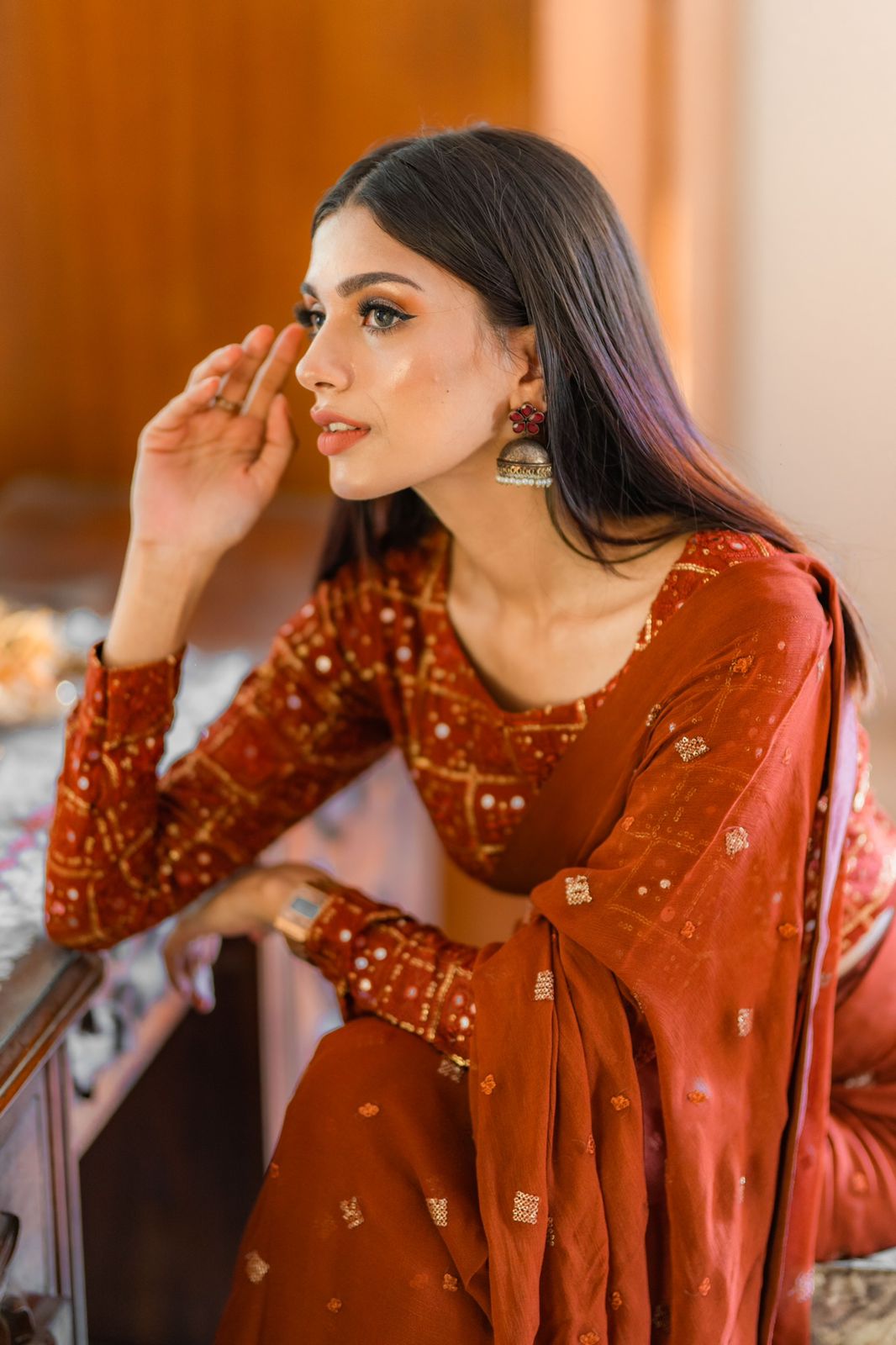 Terracotta Brown Chiken kari saree
