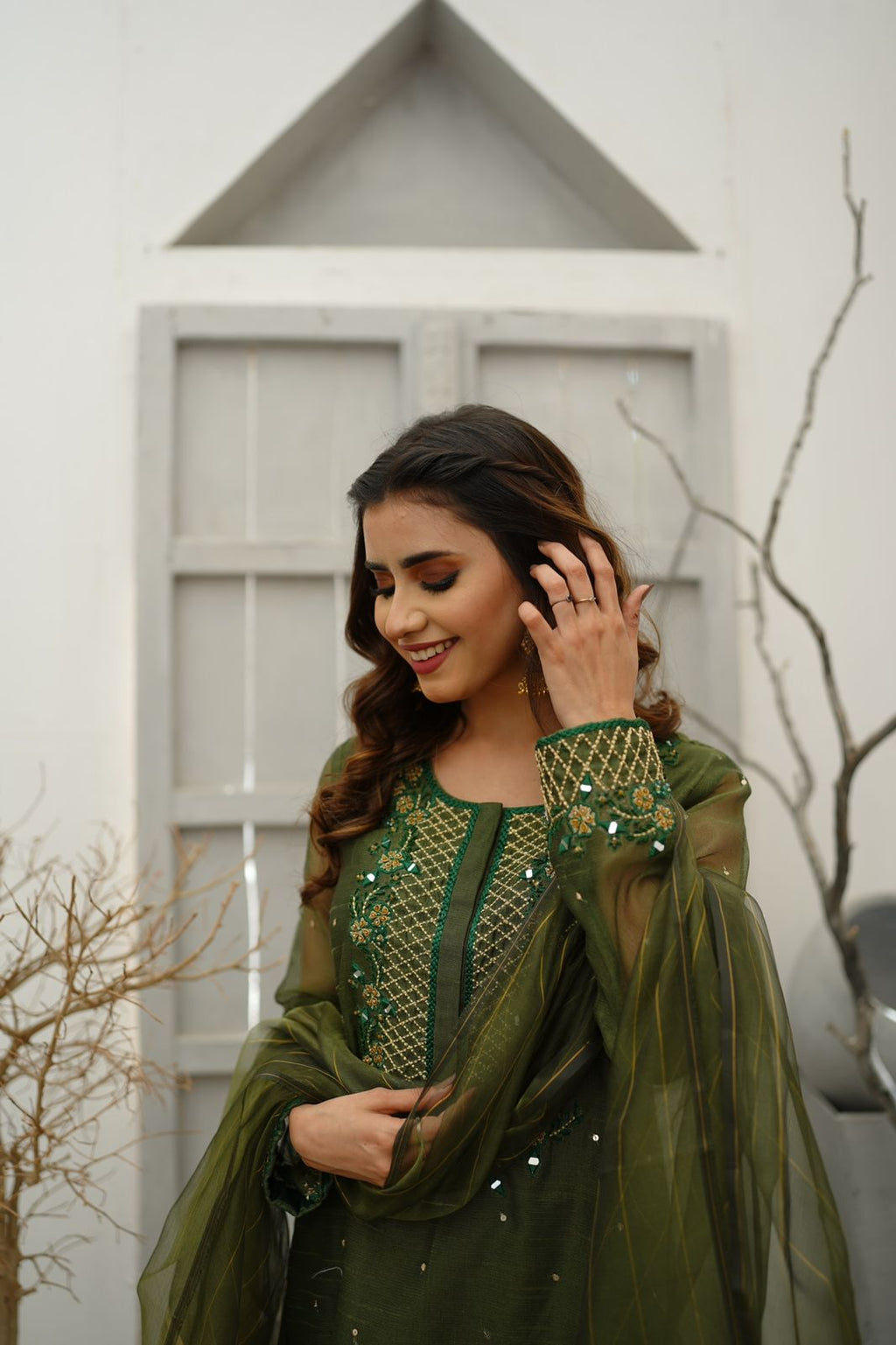 MEHANDI GREEN KHADDI NET DRESS