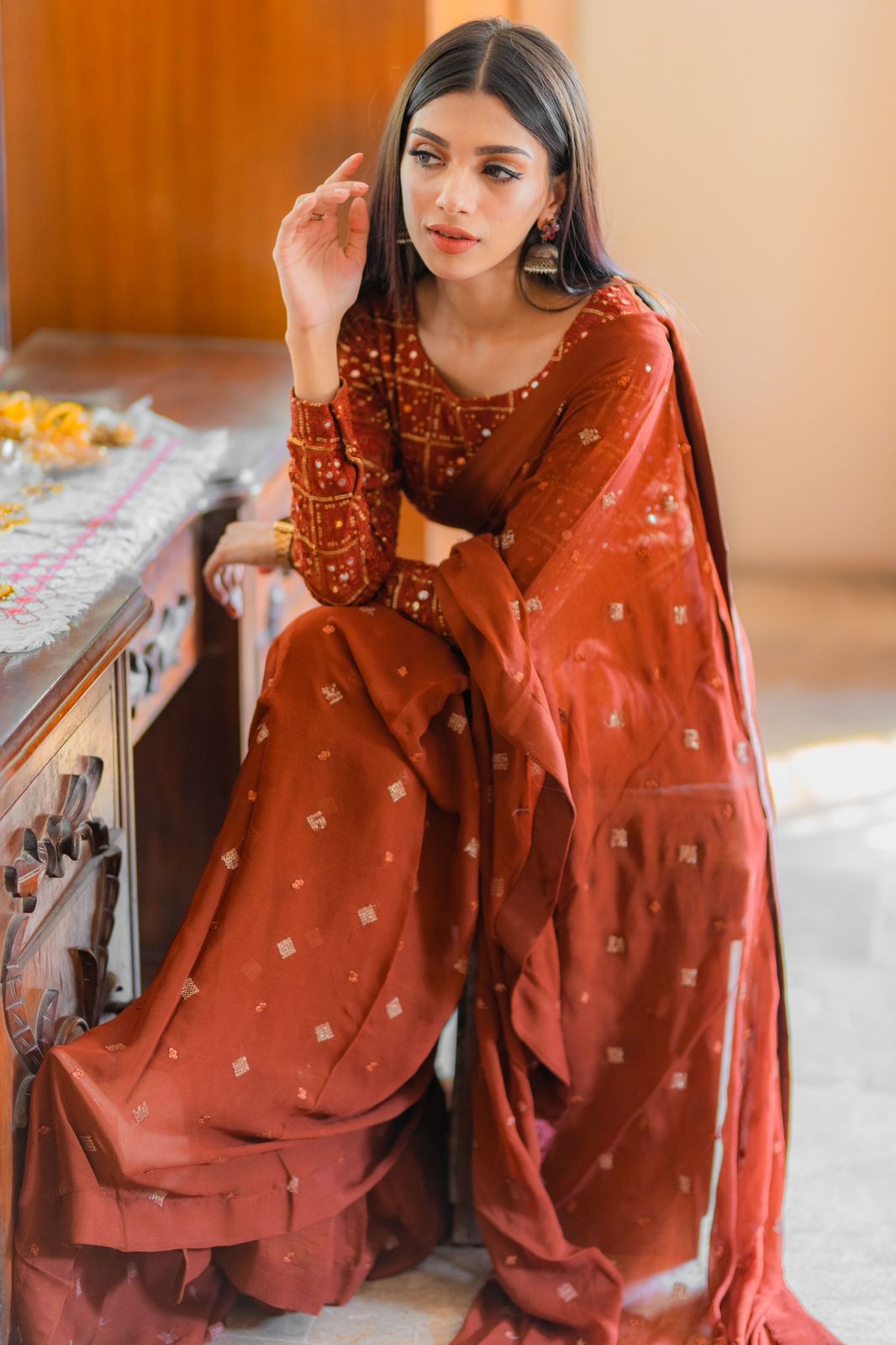 Terracotta Brown Chiken kari saree