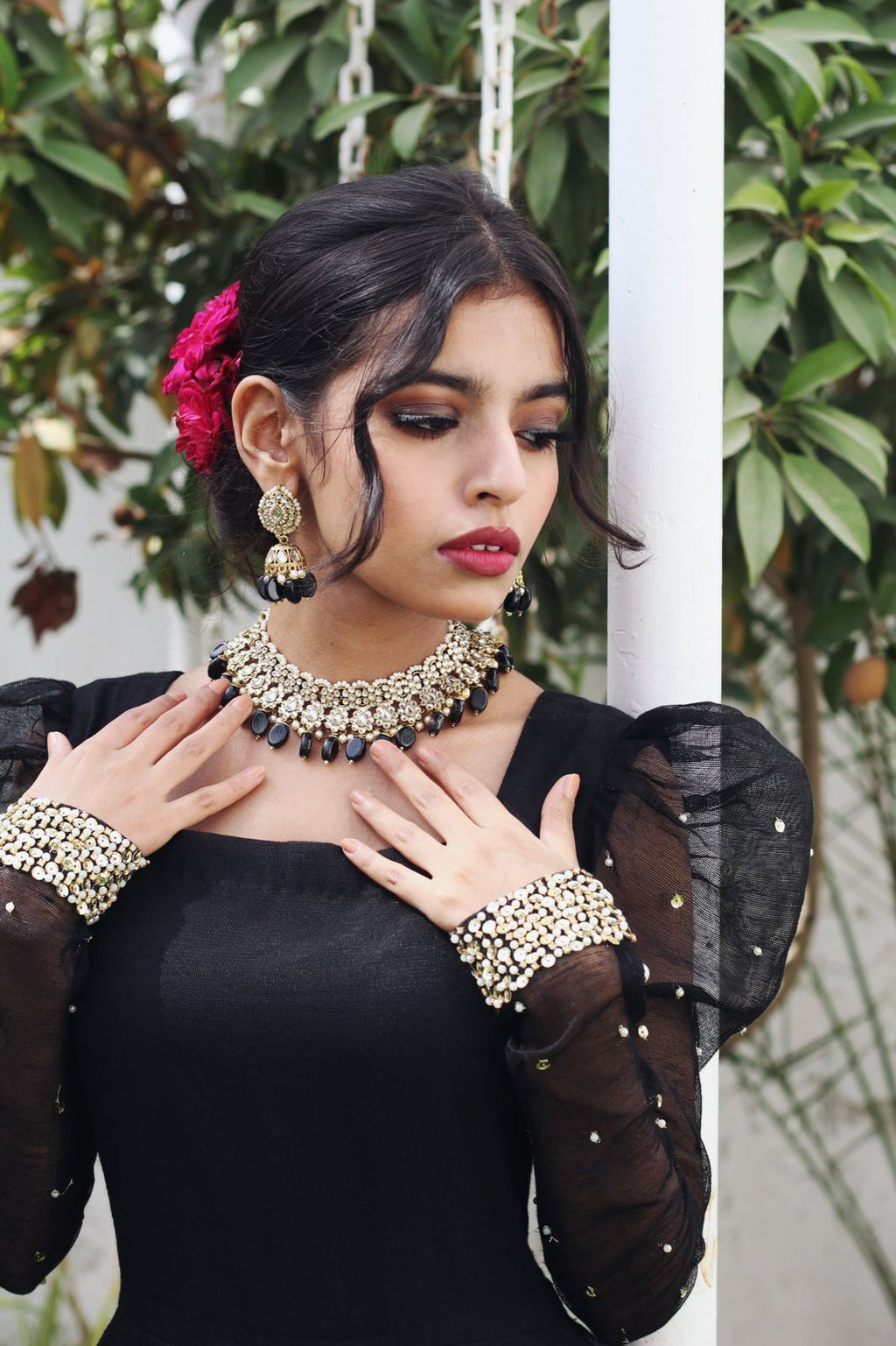 BLACK KHADDI NET PUFF SLEEVES  FROCK