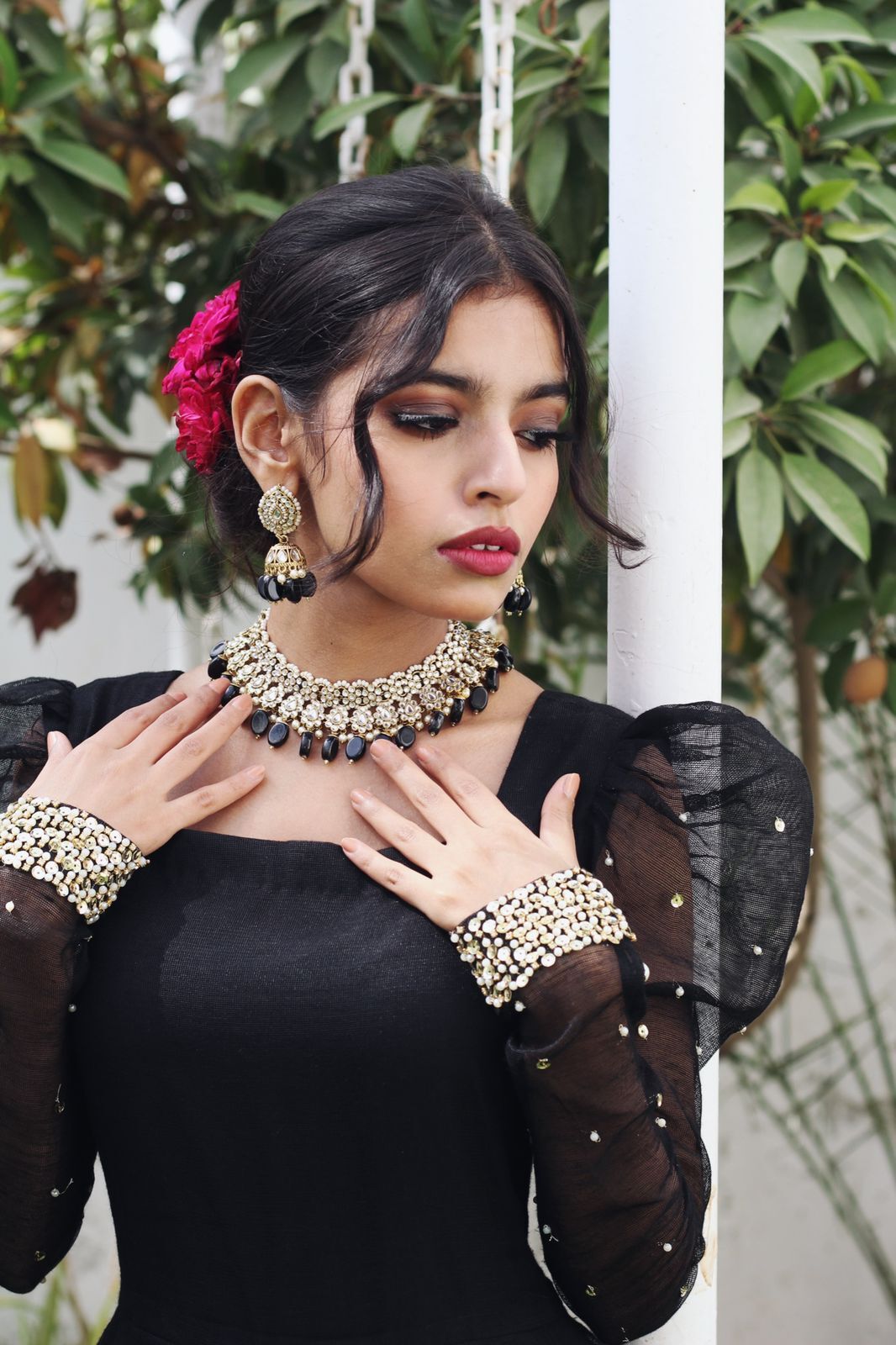 BLACK KHADDI NET PUFF SLEEVES  FROCK