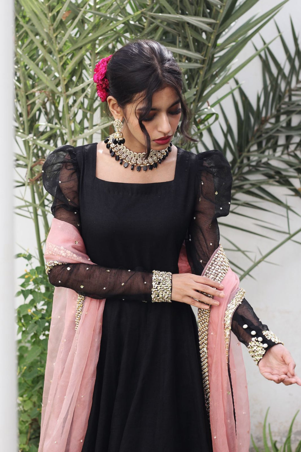 BLACK KHADDI NET PUFF SLEEVES  FROCK