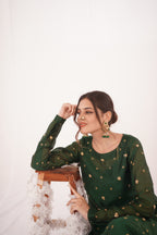 GREEN KHADDI NET LONG SHIRT DRESS