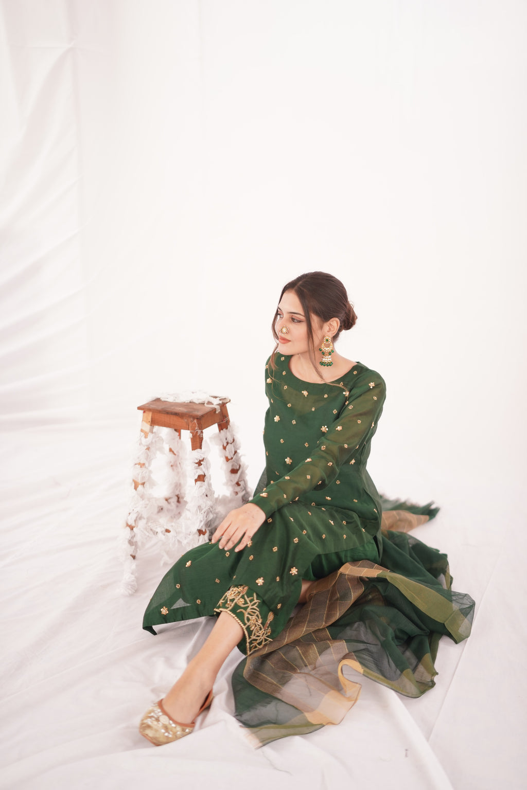 GREEN KHADDI NET LONG SHIRT DRESS