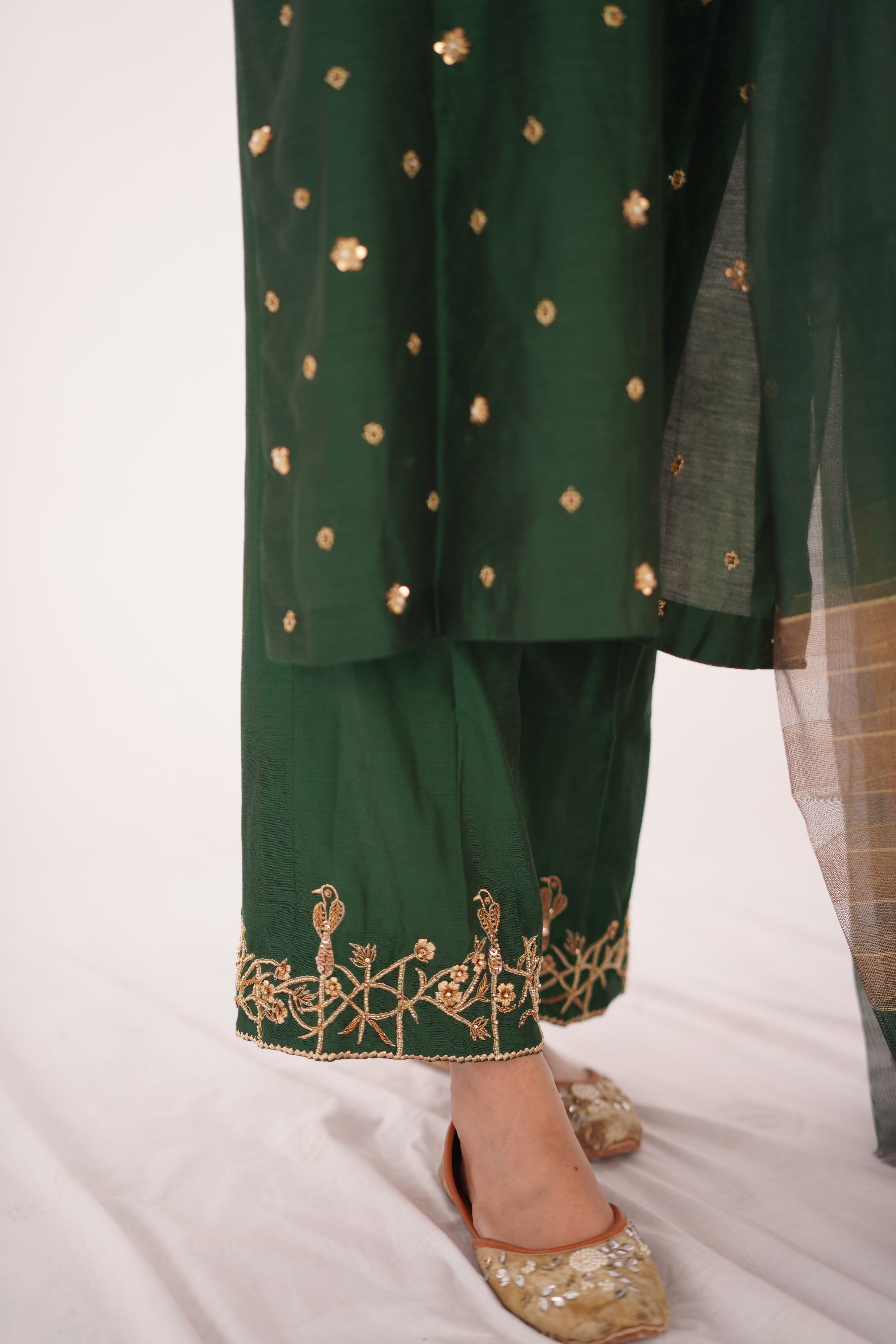 GREEN KHADDI NET LONG SHIRT DRESS