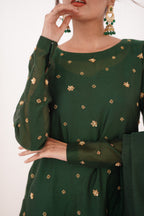 GREEN KHADDI NET LONG SHIRT DRESS
