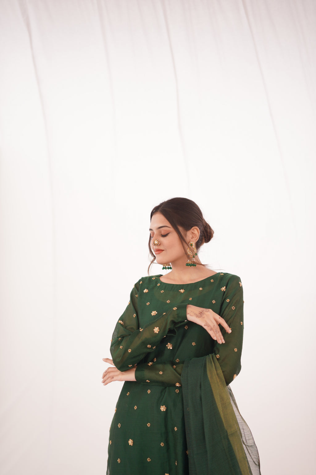 GREEN KHADDI NET LONG SHIRT DRESS